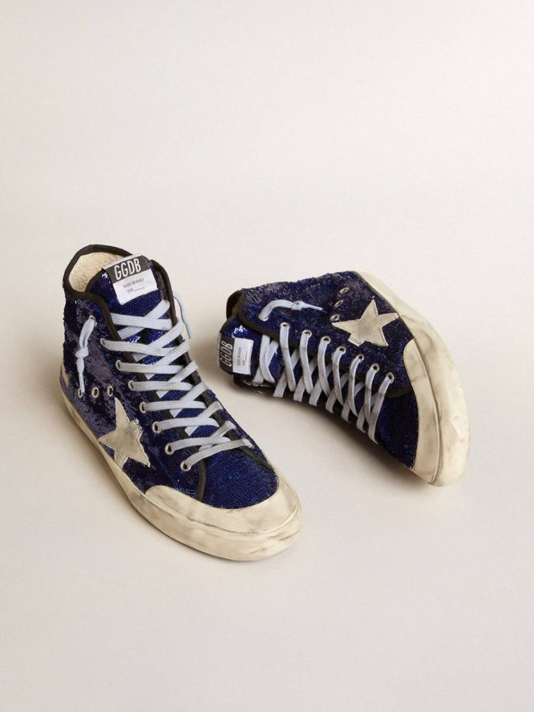 Men Golden Goose Men's Francy Penstar In Blue Sequins With Ice-Gray Suede Star Francy