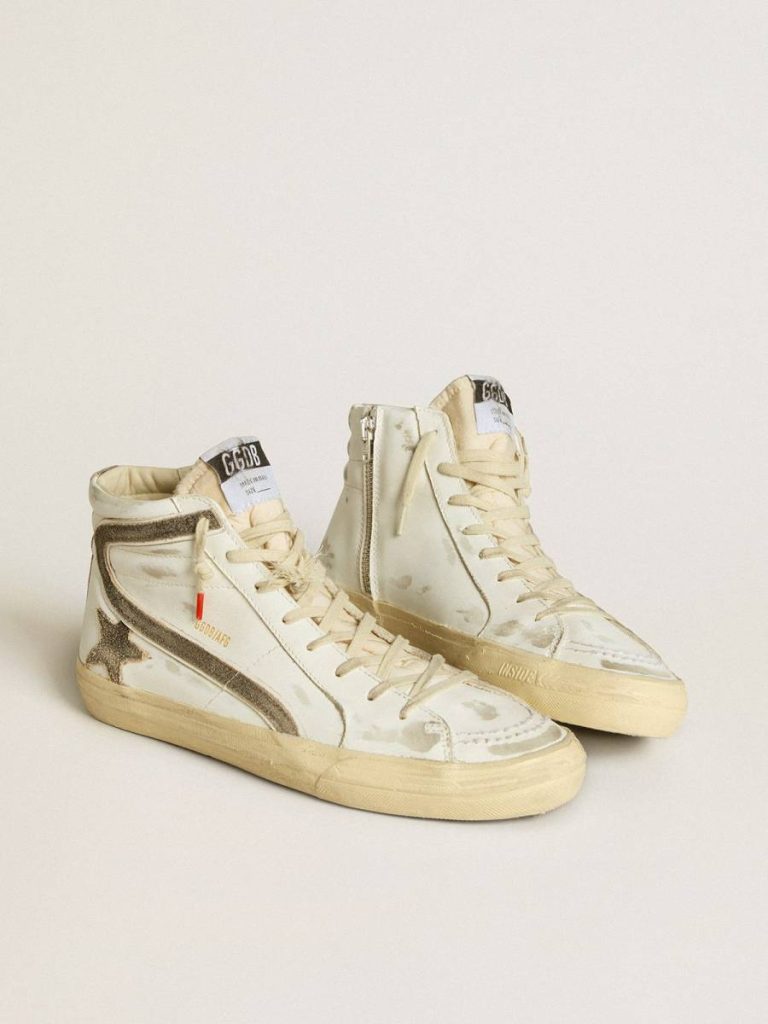 Men Golden Goose Slide Men’s Slide Lab In White Leather With Star And Flash In Brown Suede