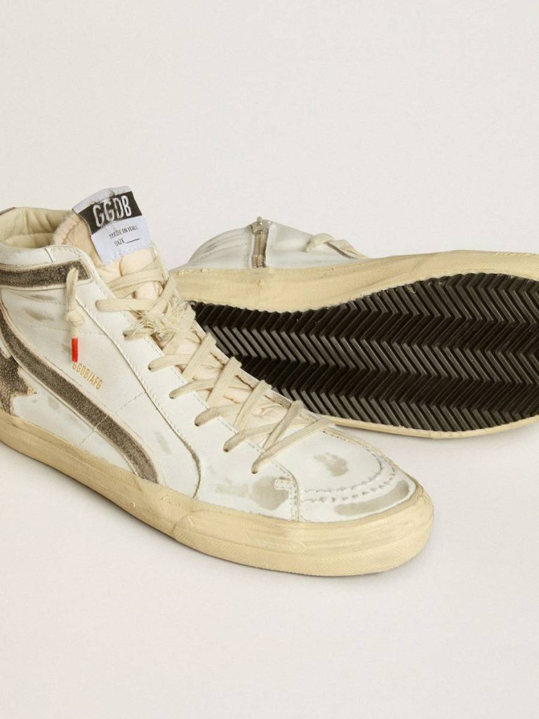 Men Golden Goose Slide Men’s Slide Lab In White Leather With Star And Flash In Brown Suede