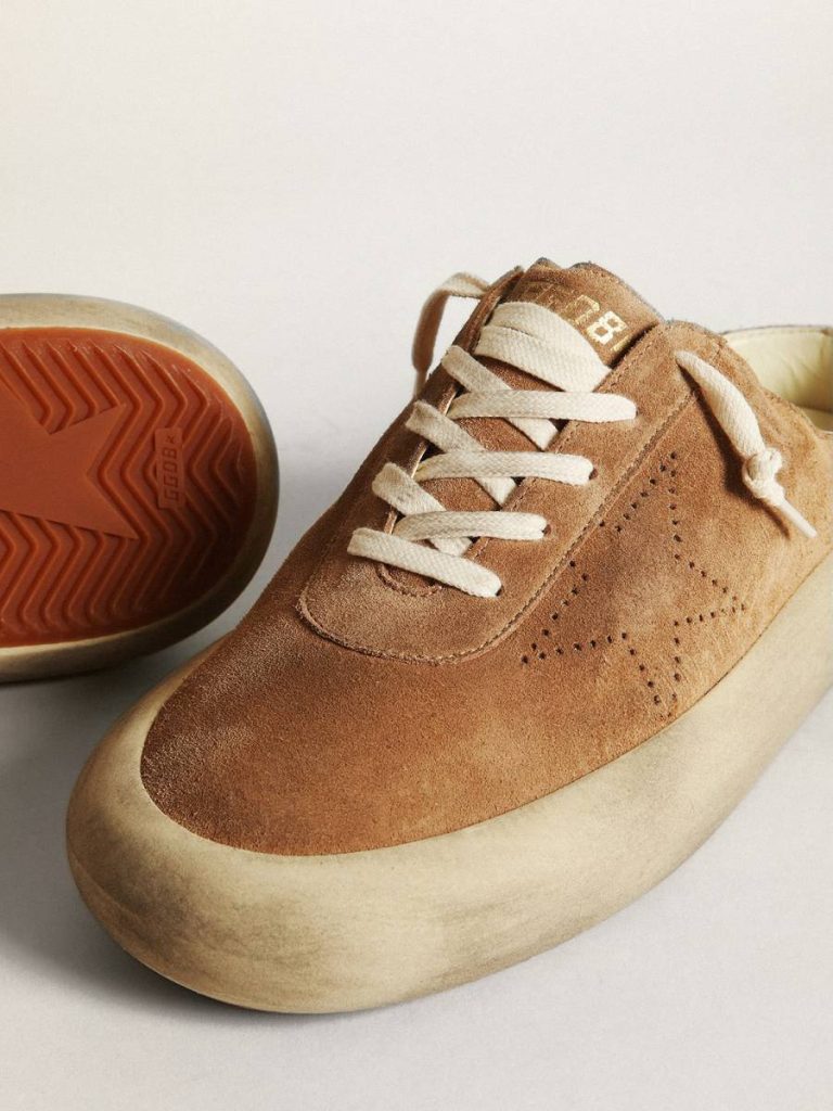 Men Golden Goose Space-Star Men's Space-Star Sabots In Tobacco Suede With Perforated Star