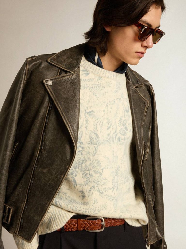 Men Knitwear Golden Goose Heritage White Men’s Round-Neck Sweater In Wool With All-Over Toile De Jouy Pattern