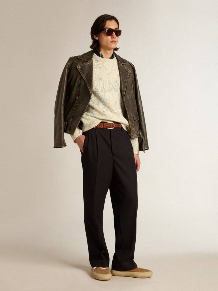 Men Knitwear Golden Goose Heritage White Men’s Round-Neck Sweater In Wool With All-Over Toile De Jouy Pattern
