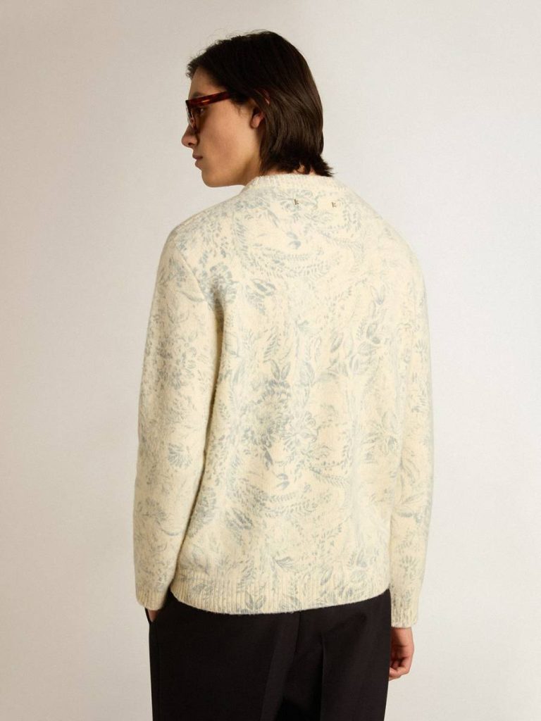 Men Knitwear Golden Goose Heritage White Men’s Round-Neck Sweater In Wool With All-Over Toile De Jouy Pattern