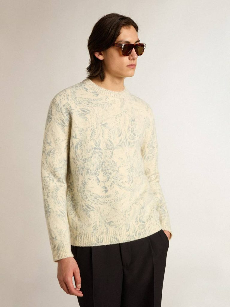 Men Knitwear Golden Goose Heritage White Men’s Round-Neck Sweater In Wool With All-Over Toile De Jouy Pattern