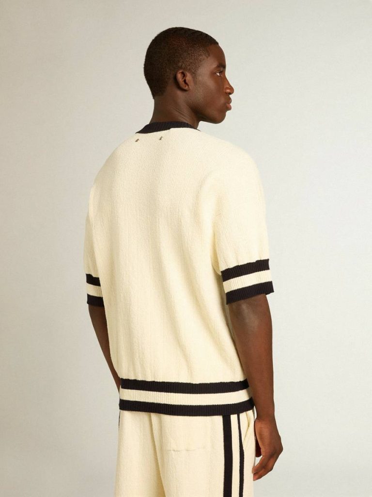 Men Knitwear Vintage White Men's Short-Sleeved Sweater In Vintage White With Blue Rib Knit Golden Goose