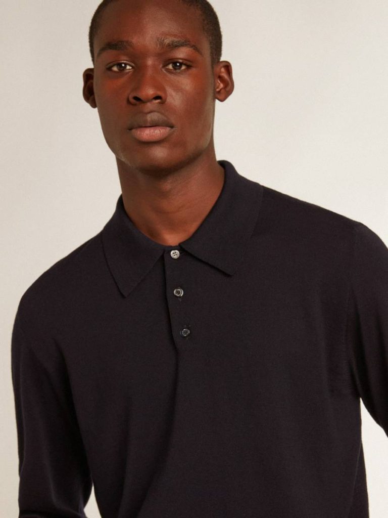 Men Men’s Long-Sleeved Polo Shirt In Navy-Blue Merino Wool T-Shirts & Polo Shirts Golden Goose Navy Blue