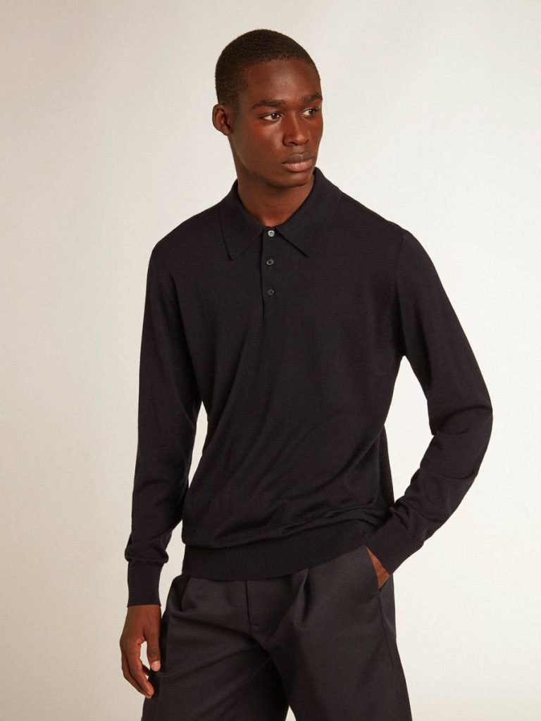 Men Men’s Long-Sleeved Polo Shirt In Navy-Blue Merino Wool T-Shirts & Polo Shirts Golden Goose Navy Blue