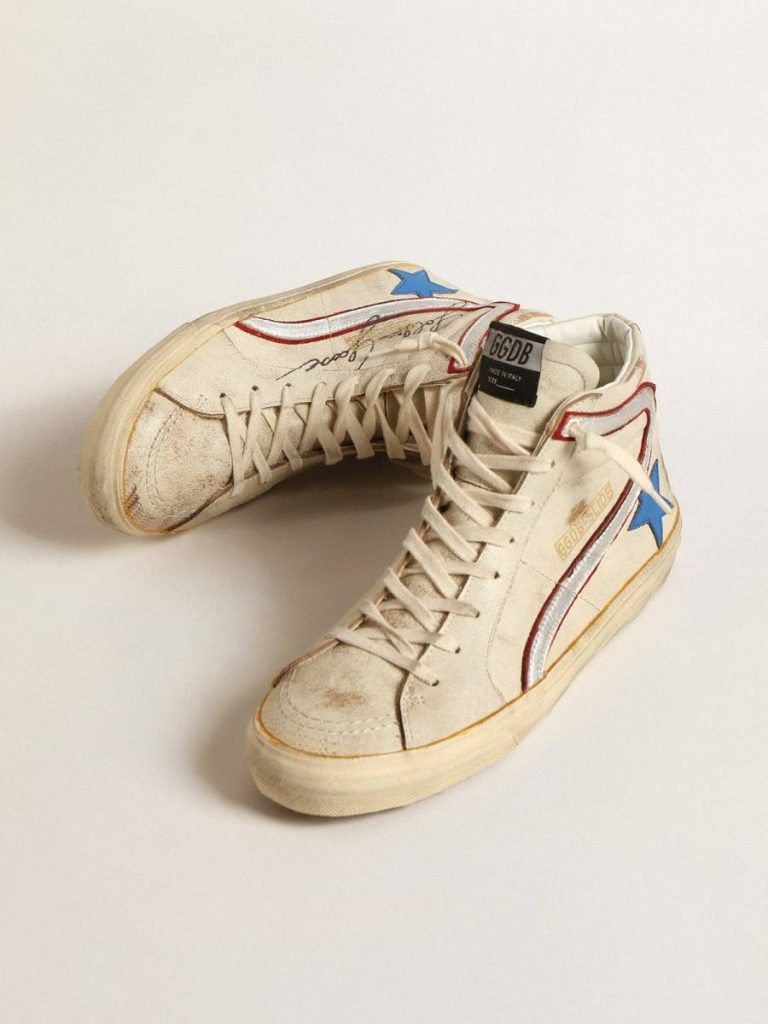 Men Men’s Slide With Light Blue Leather Star And Metallic Silver Leather Flash Slide Golden Goose