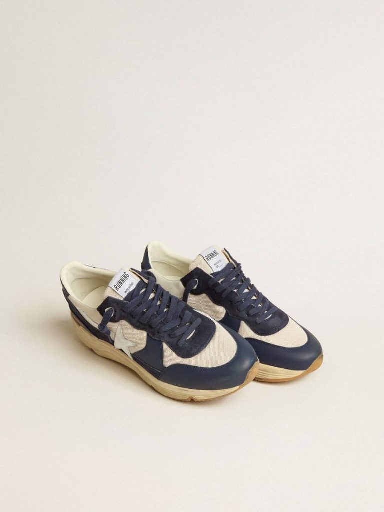 Men Running Sole Running Sole In Cream Mesh And Blue Leather With A White Leather Star Golden Goose
