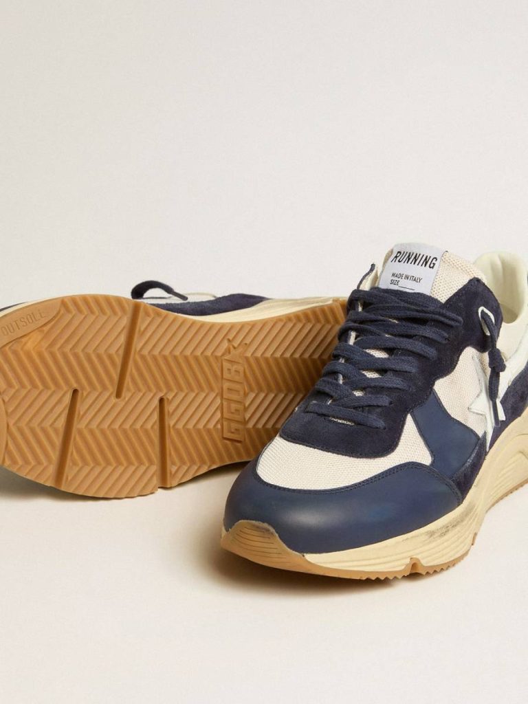 Men Running Sole Running Sole In Cream Mesh And Blue Leather With A White Leather Star Golden Goose