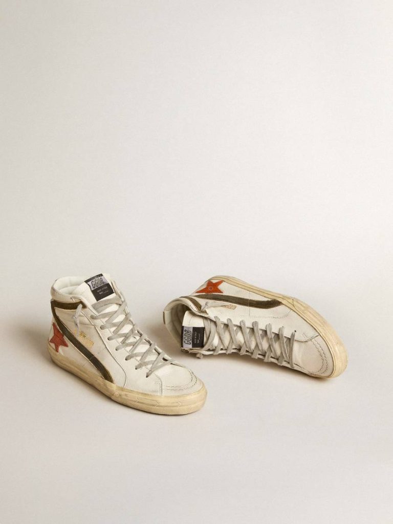 Men Slide Golden Goose Men's Nappa Leather Slide With Orange Croc-Print Star And Green Suede Flash