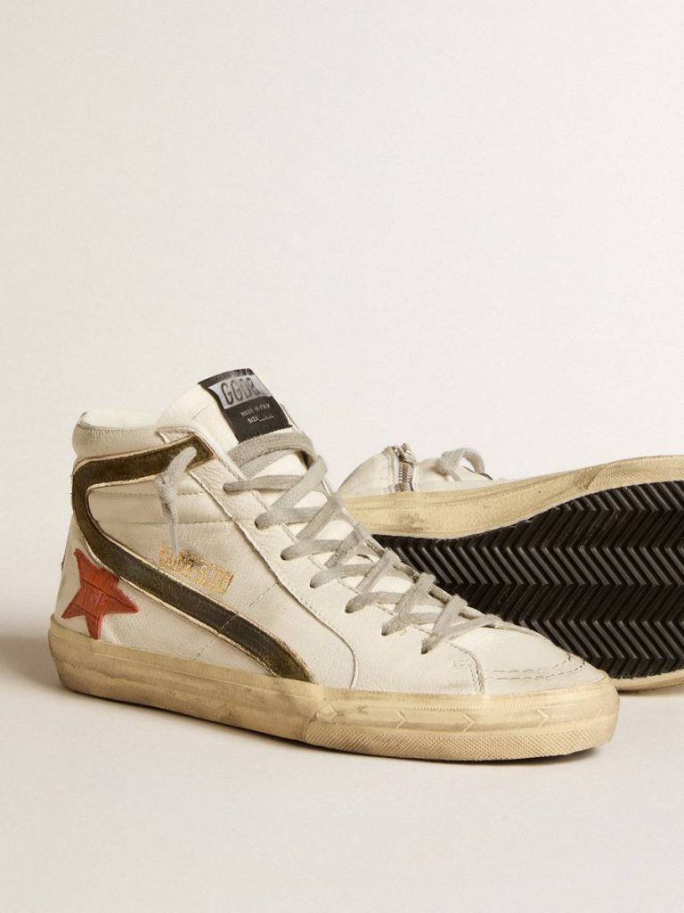 Men Slide Golden Goose Men's Nappa Leather Slide With Orange Croc-Print Star And Green Suede Flash