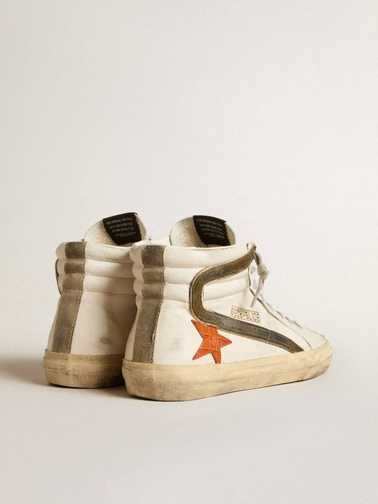 Men Slide Golden Goose Men's Nappa Leather Slide With Orange Croc-Print Star And Green Suede Flash