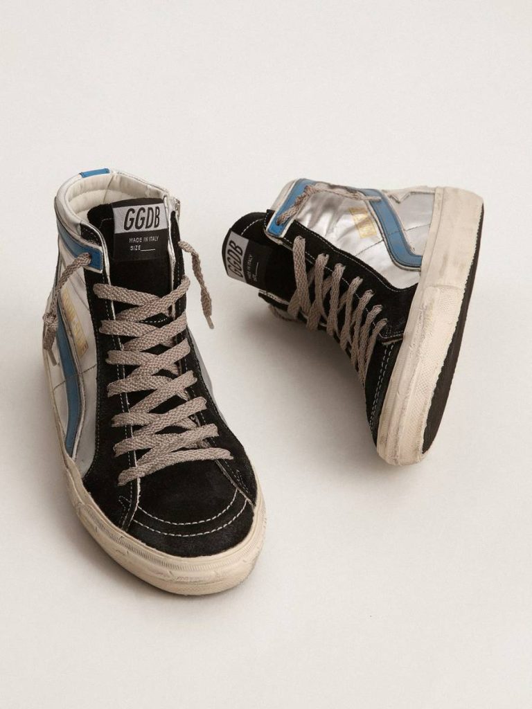 Men Slide Slide In Silver Metallic Leather With White Leather Star Golden Goose