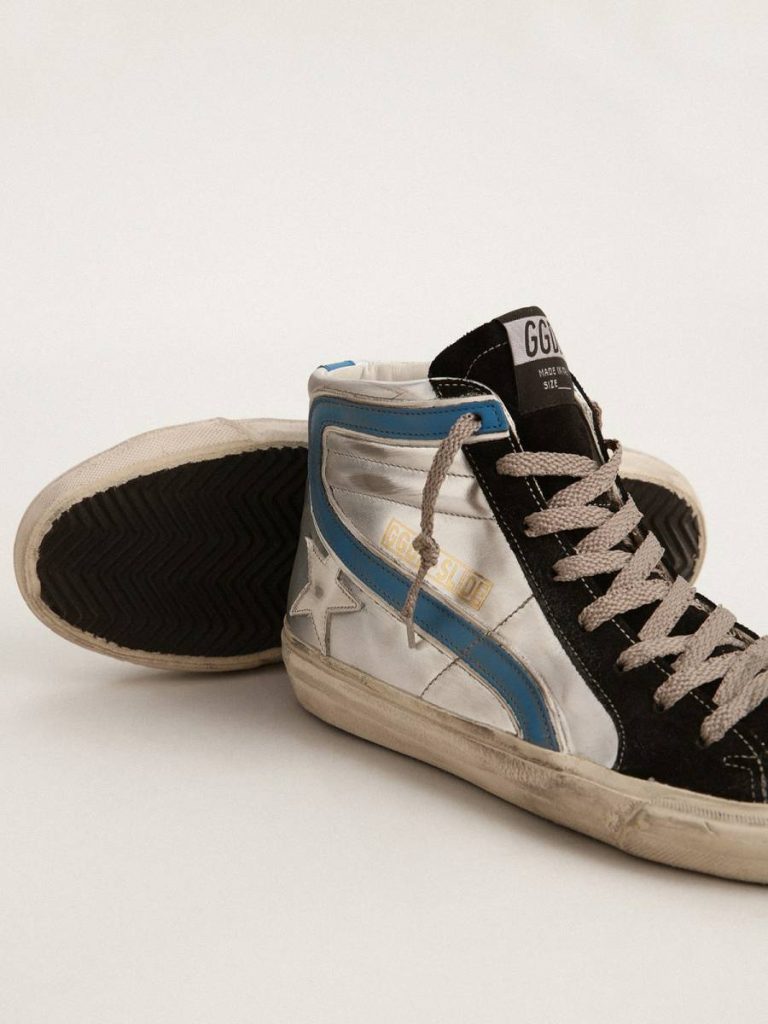 Men Slide Slide In Silver Metallic Leather With White Leather Star Golden Goose