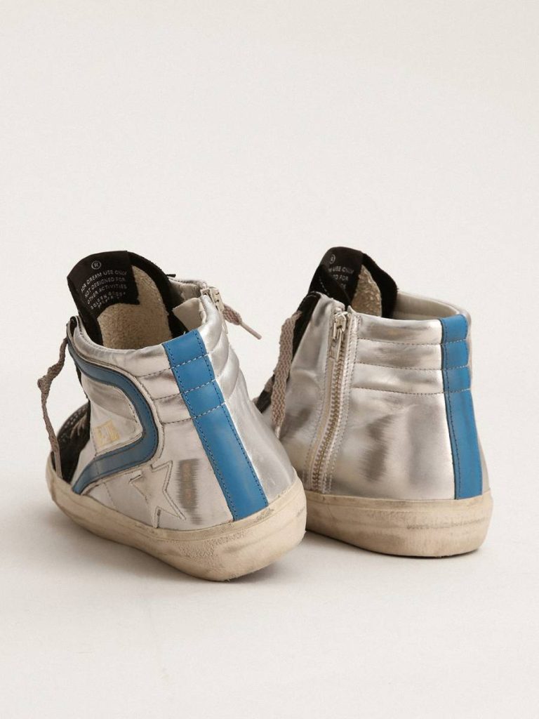 Men Slide Slide In Silver Metallic Leather With White Leather Star Golden Goose