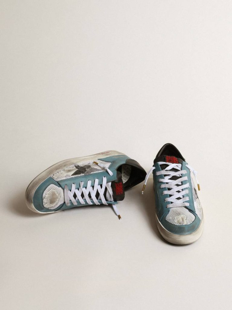 Men Stardan Golden Goose Men's Stardan In Distressed Mesh And Petrol-Colored Upper