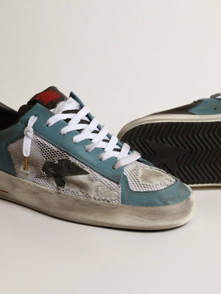 Men Stardan Golden Goose Men's Stardan In Distressed Mesh And Petrol-Colored Upper