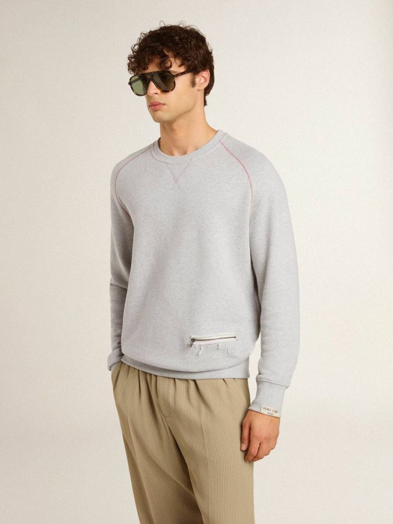 Men Sweatshirts Men’s Gray Round Neck Sweatshirt With Contrast Stitching Golden Goose Gray
