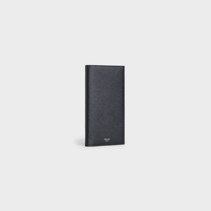 Men Wallets Celine Black Vertical Wallet With Coin Compartment In Grained Calfskin