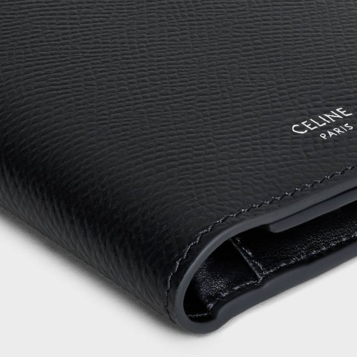 Men Wallets Celine Black Vertical Wallet With Coin Compartment In Grained Calfskin