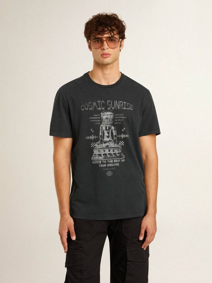 Men White Men’s Worn-Black Cotton T-Shirt With Print On The Front T-Shirts & Polo Shirts Golden Goose