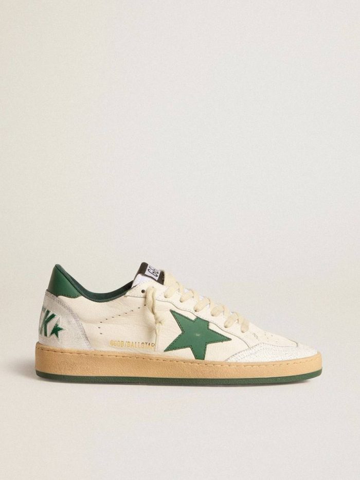 Men's Ball Star Wishes In White Nappa Leather With Green Leather Star And Heel Tab Men Golden Goose Ball Star