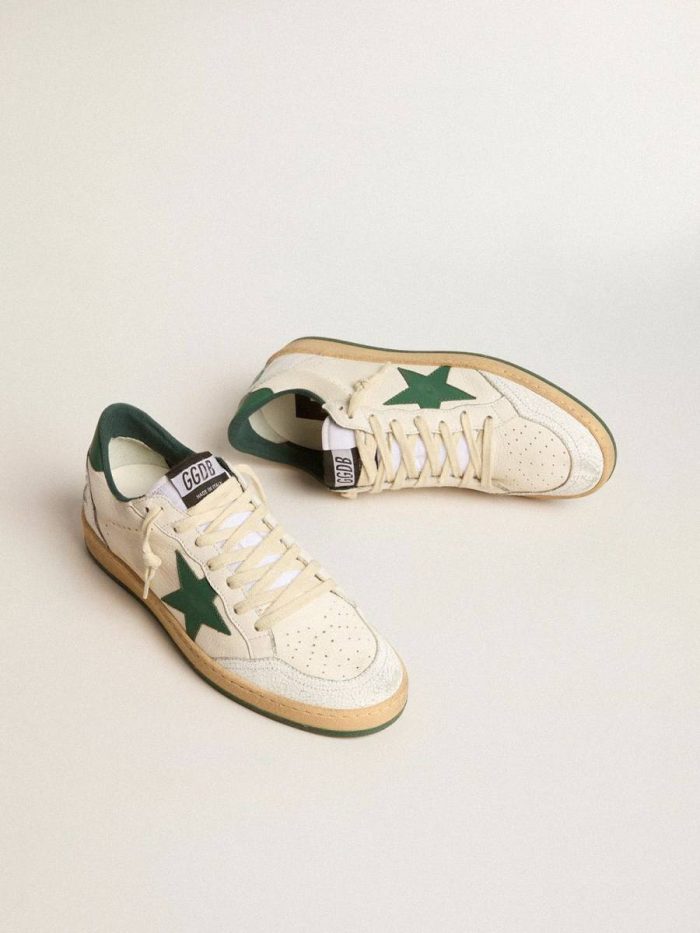 Men's Ball Star Wishes In White Nappa Leather With Green Leather Star And Heel Tab Men Golden Goose Ball Star