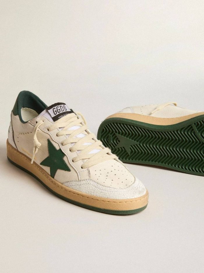 Men's Ball Star Wishes In White Nappa Leather With Green Leather Star And Heel Tab Men Golden Goose Ball Star