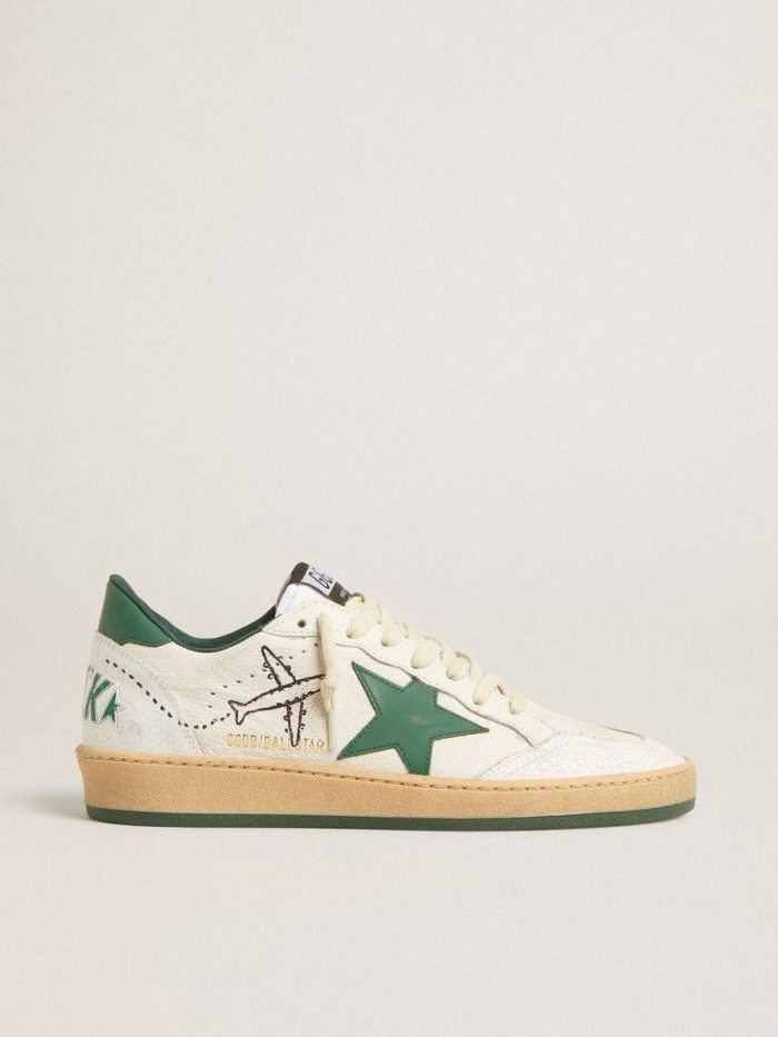 Men's Ball Star Wishes In White Nappa Leather With Green Leather Star And Heel Tab Men Golden Goose Ball Star