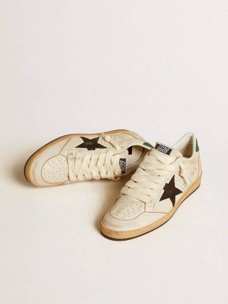 Men’s Ball Star With Black Leather Star And Green Leather Heel Tab Ball Star Men White Golden Goose