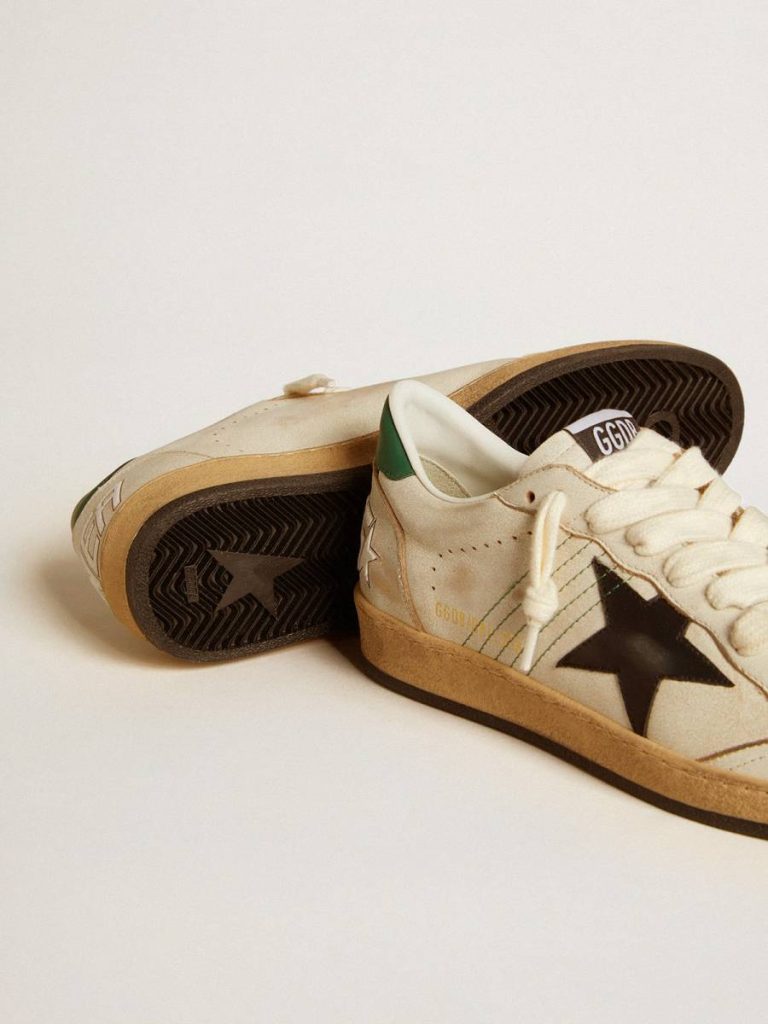 Men’s Ball Star With Black Leather Star And Green Leather Heel Tab Ball Star Men White Golden Goose