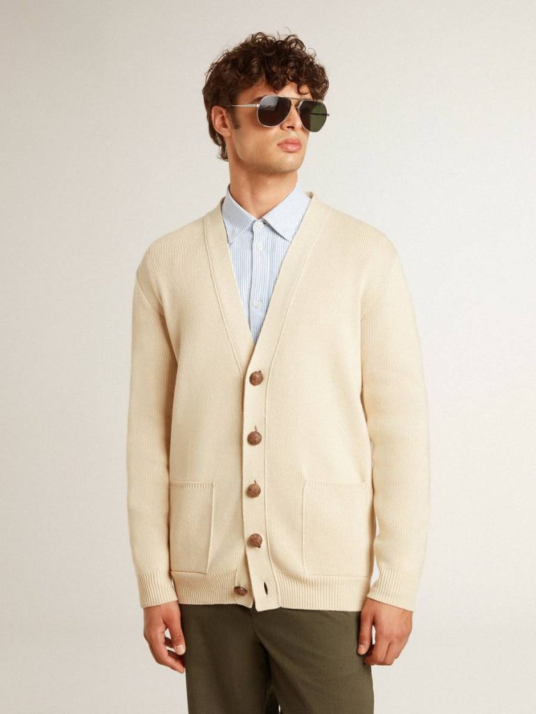 Men’s Beige Cardigan With 'Golden' Lettering On The Back Men Beige Knitwear Golden Goose