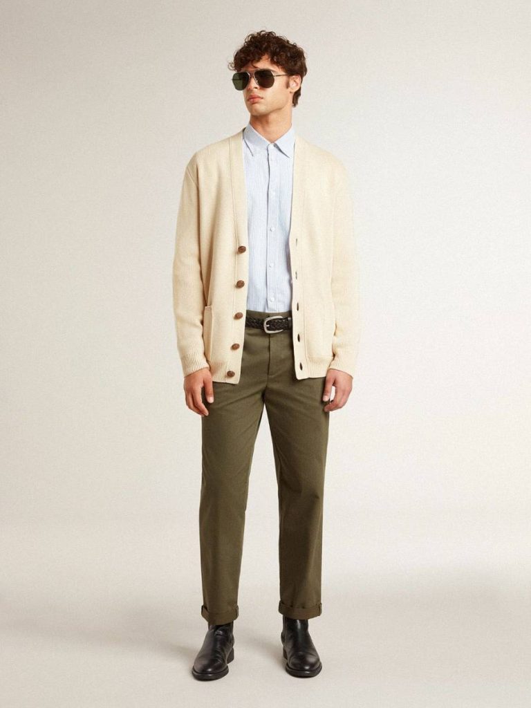 Men’s Beige Cardigan With 'Golden' Lettering On The Back Men Beige Knitwear Golden Goose