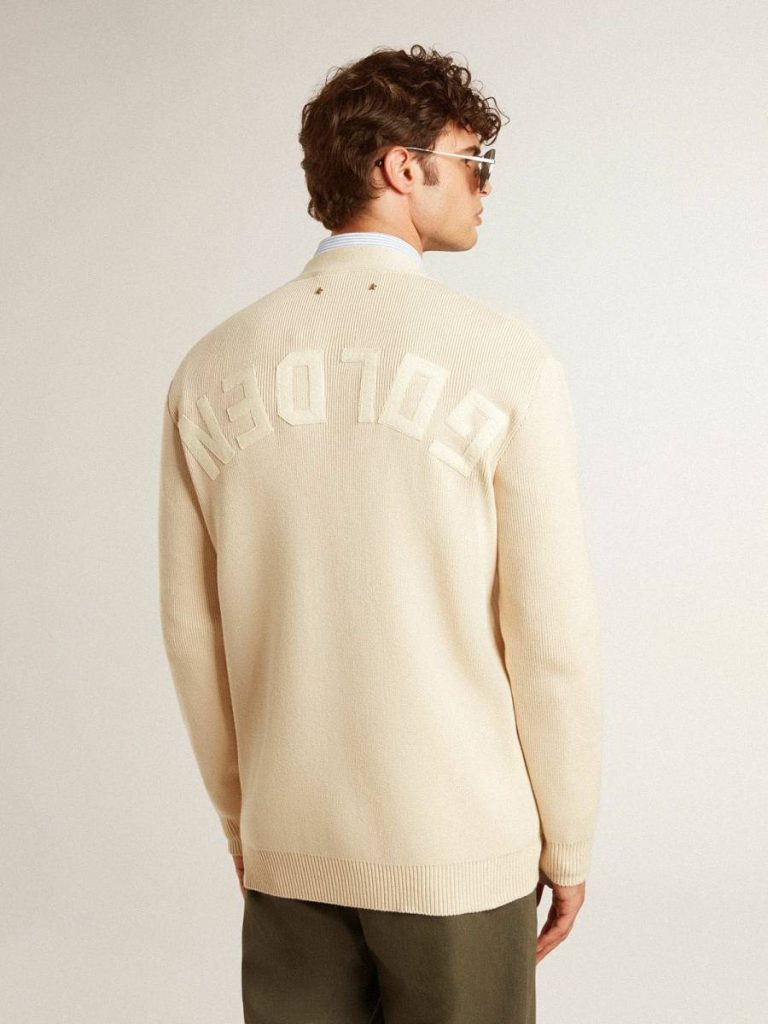 Men’s Beige Cardigan With 'Golden' Lettering On The Back Men Beige Knitwear Golden Goose