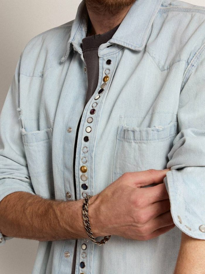 Men's Bleached Denim Shirt With Hammered Studs Golden Goose Men Shirts Bleached Blue