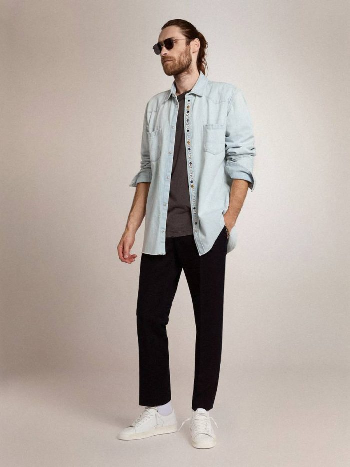 Men's Bleached Denim Shirt With Hammered Studs Golden Goose Men Shirts Bleached Blue