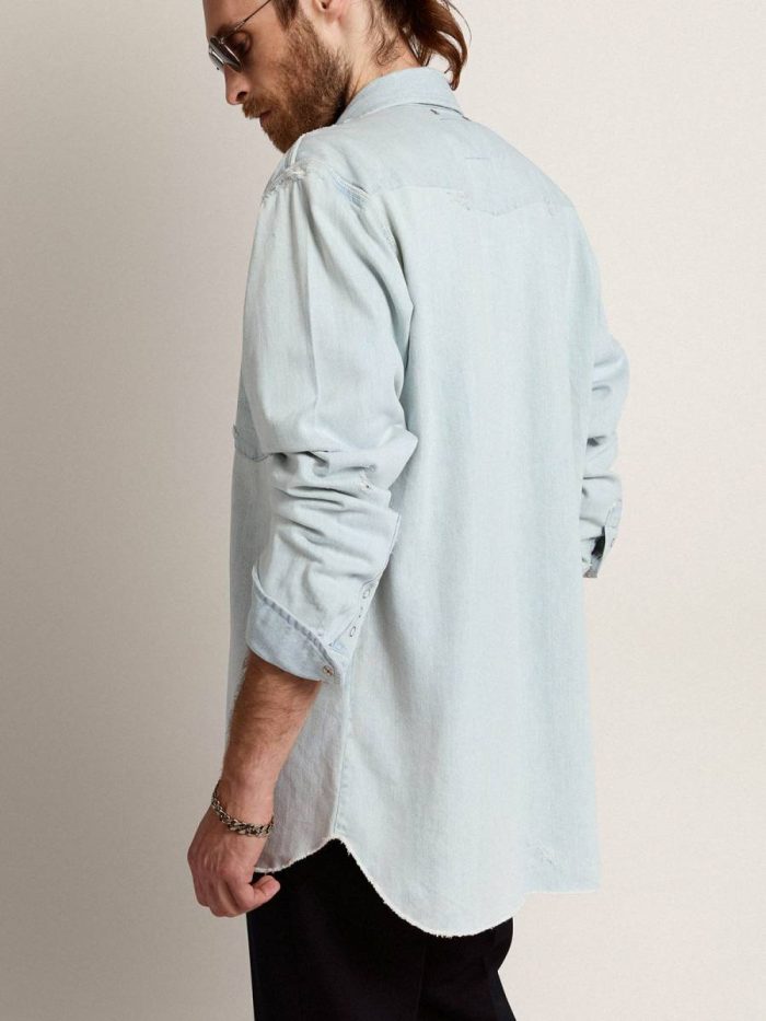 Men's Bleached Denim Shirt With Hammered Studs Golden Goose Men Shirts Bleached Blue