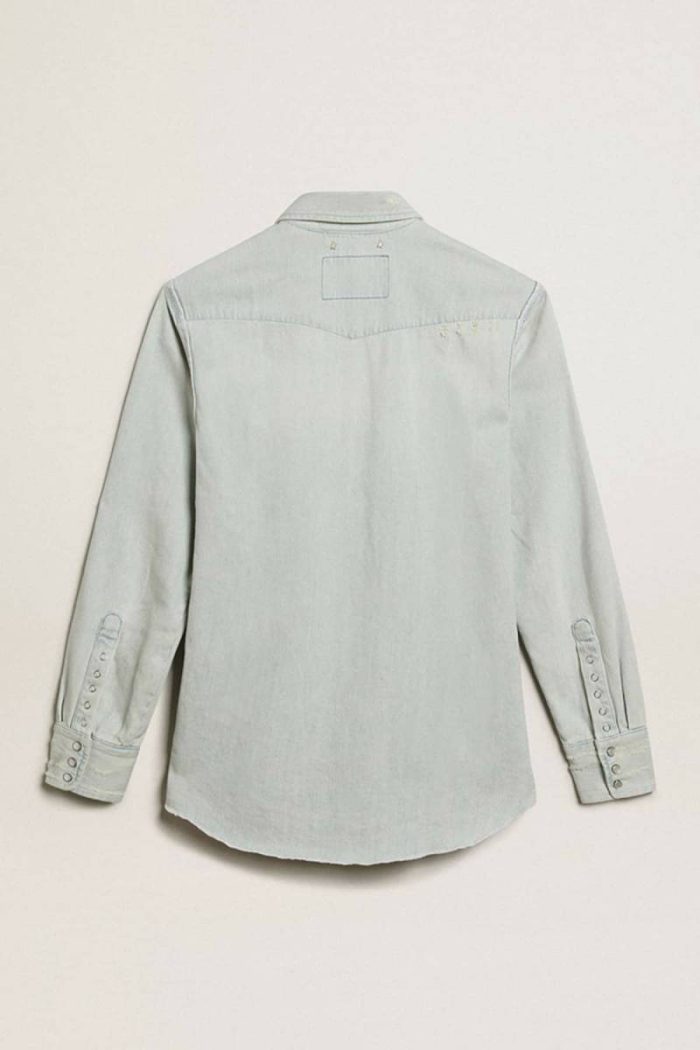 Men's Bleached Denim Shirt With Hammered Studs Golden Goose Men Shirts Bleached Blue