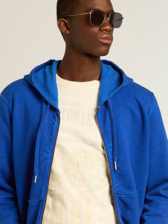 Men's Blue-Colored Hoodie With Lettering On The Back Blue Sweatshirts Golden Goose Men