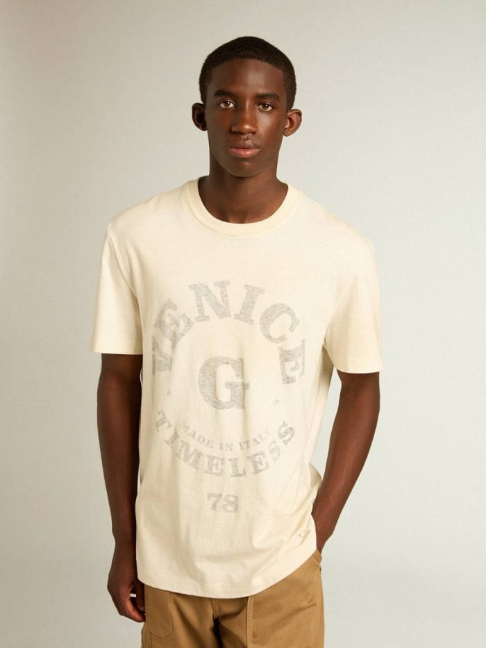 Men’s Cotton T-Shirt In Aged White With Faded Lettering T-Shirts & Polo Shirts Men Golden Goose Aged White