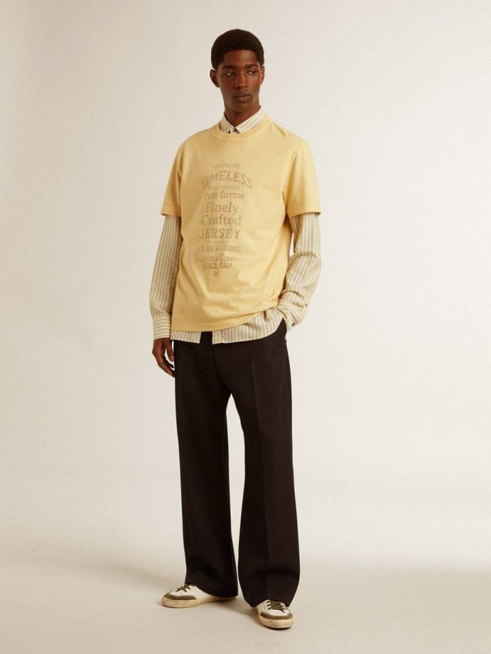 Men's Cotton T-Shirt In Pale Yellow With Faded Lettering Golden Goose T-Shirts & Polo Shirts Men Pale Yellow