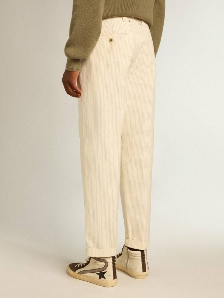 Men's Cream-Colored Pants In Striped Cotton Men Cream Jeans & Pants Golden Goose