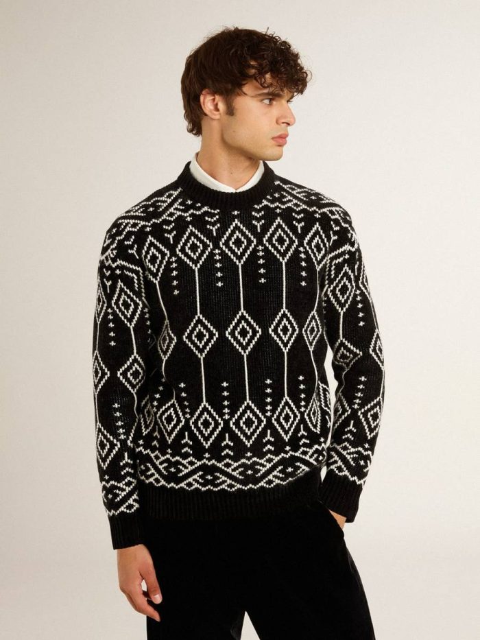 Men’s Crew Neck Wool Blend Sweater With Jacquard Argyle Design Men Knitwear Black Golden Goose