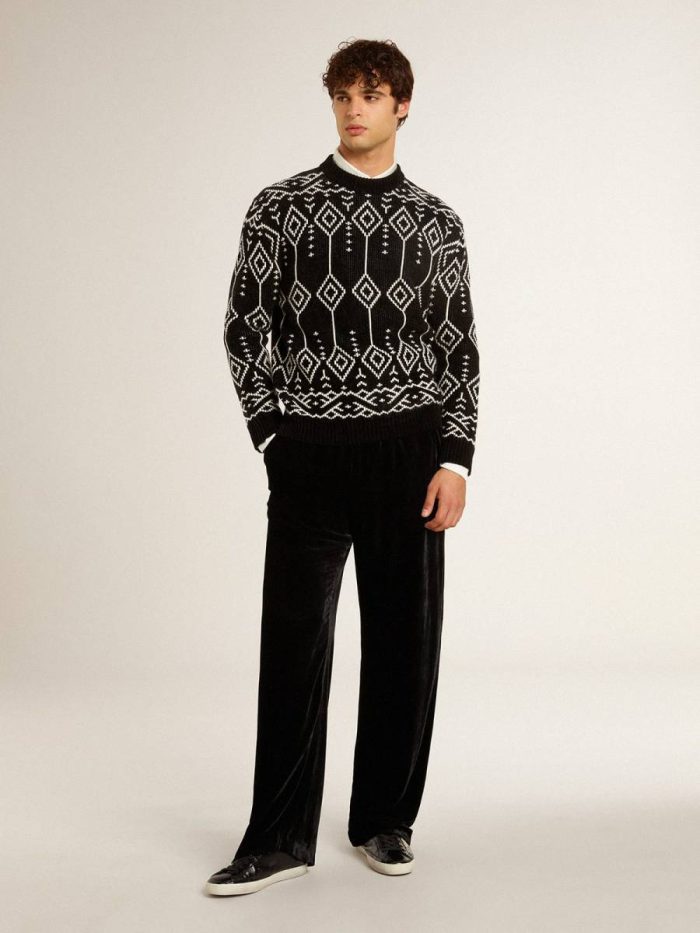 Men’s Crew Neck Wool Blend Sweater With Jacquard Argyle Design Men Knitwear Black Golden Goose