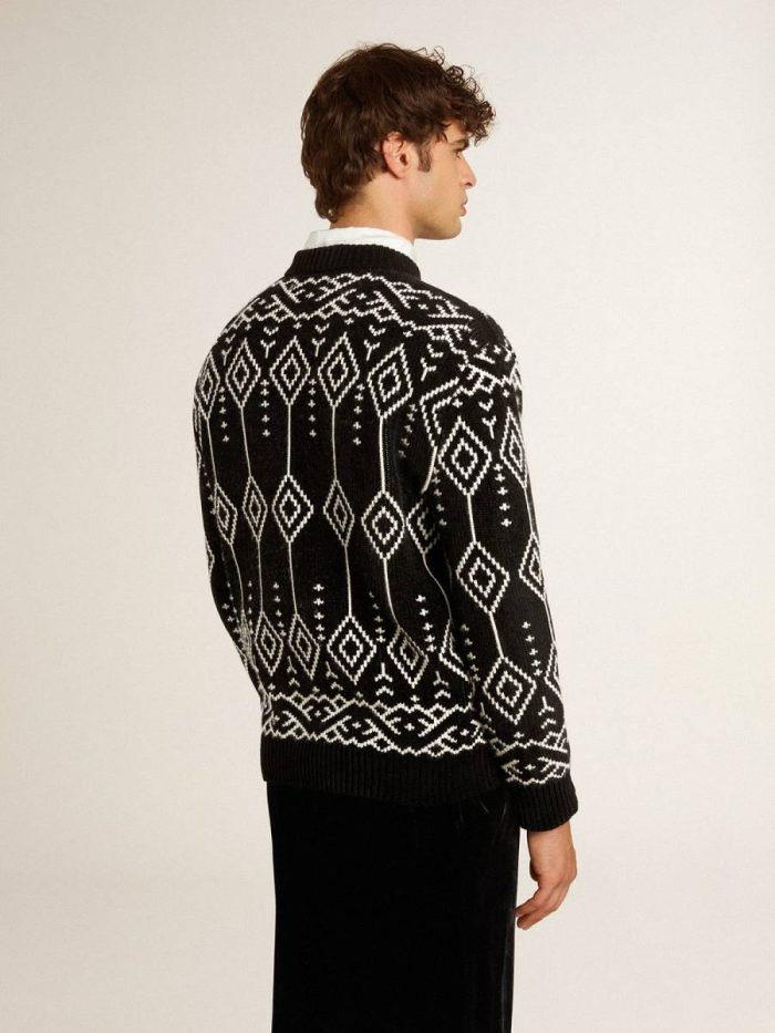 Men’s Crew Neck Wool Blend Sweater With Jacquard Argyle Design Men Knitwear Black Golden Goose