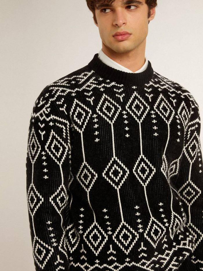 Men’s Crew Neck Wool Blend Sweater With Jacquard Argyle Design Men Knitwear Black Golden Goose