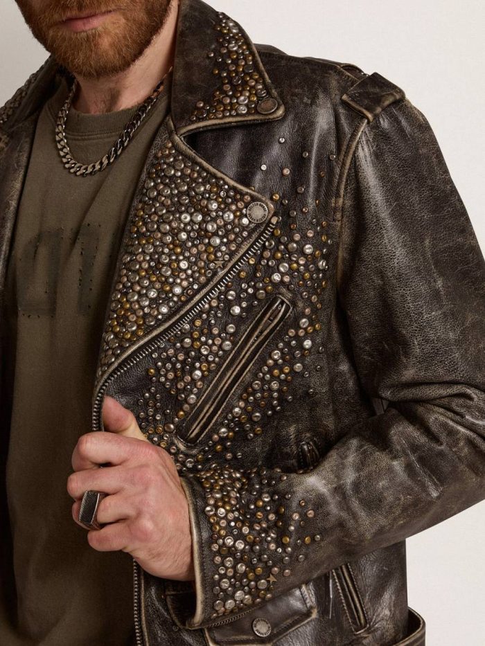 Men's Leather Biker Jacket With Hammered Studs And Adhesive Tape Coats & Jackets Men Golden Goose Black