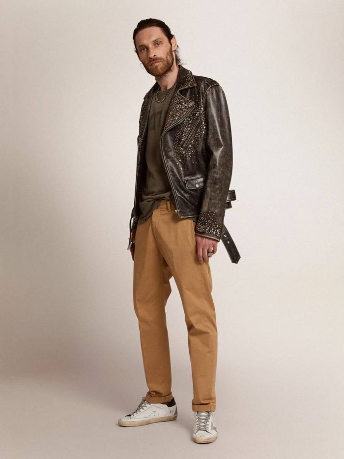 Men's Leather Biker Jacket With Hammered Studs And Adhesive Tape Coats & Jackets Men Golden Goose Black