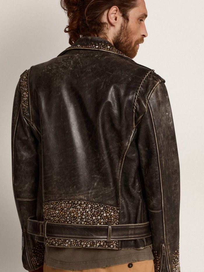 Men's Leather Biker Jacket With Hammered Studs And Adhesive Tape Coats & Jackets Men Golden Goose Black